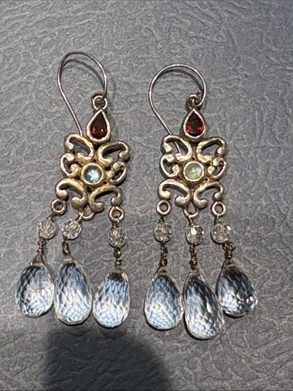Silver Filigree Earrings with Clear rock crystal, garnet and moonstone.